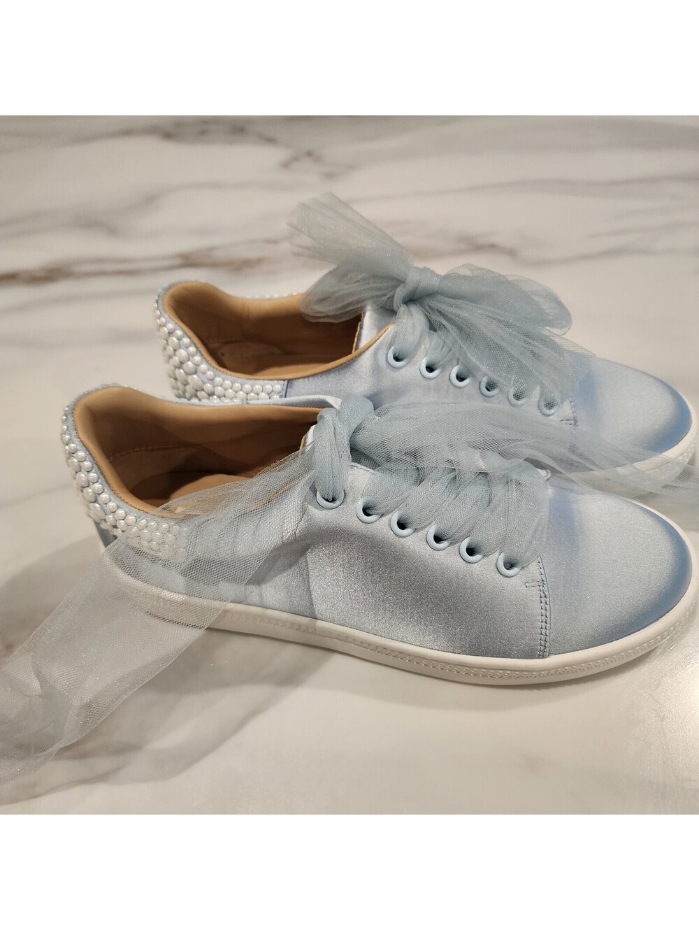 New Badgley Mischka Satin Pearl Sneakers Baby Blue Ribbon Lace bridal bride 7